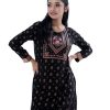 Black all-over printed straight-cut Kameez in Viscose fabric. Designed with a round neck and three-quarter sleeves. Embellished with karchupi at the top front. Printed patch attachment at the cuffs and hemline.