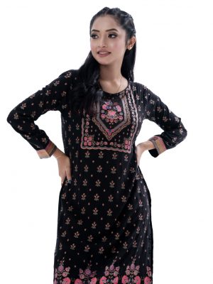 Black all-over printed straight-cut Kameez in Viscose fabric. Designed with a round neck and three-quarter sleeves. Embellished with karchupi at the top front. Printed patch attachment at the cuffs and hemline.