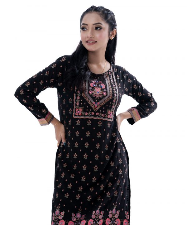 Black all-over printed straight-cut Kameez in Viscose fabric. Designed with a round neck and three-quarter sleeves. Embellished with karchupi at the top front. Printed patch attachment at the cuffs and hemline.