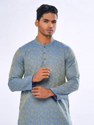 Blue semi-fitted Panjabi in Jacquard Cotton fabric. Designed with a mandarin collar and matching metal button on the placket.