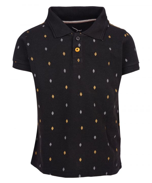 Black all-over printed Polo in Cotton Pique fabric. Designed with a classic collar, and short sleeves.