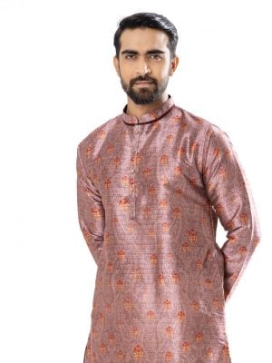 Peach premium Panjabi in Art-silk fabric. Designed with a mandarin collar and matching metal buttons on the placket.