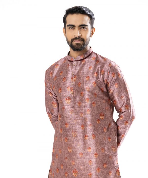 Peach premium Panjabi in Art-silk fabric. Designed with a mandarin collar and matching metal buttons on the placket.