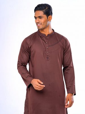 Chocolate fitted Panjabi in Cotton fabric. Embellished with karchupi on the collar, placket and chest.