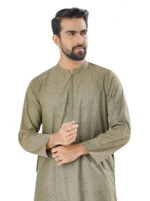 Green all-over printed Panjabi in Cotton fabric. Designed with swing stitches on the collar and hidden button placket.