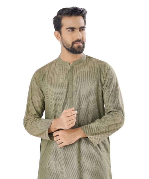 Green all-over printed Panjabi in Cotton fabric. Designed with swing stitches on the collar and hidden button placket.
