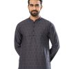 Black fitted Panjabi in Jacquard Cotton fabric. Designed with a mandarin collar and matching metal buttons on the placket.