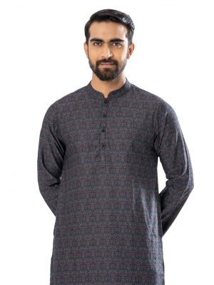Black fitted Panjabi in Jacquard Cotton fabric. Designed with a mandarin collar and matching metal buttons on the placket.