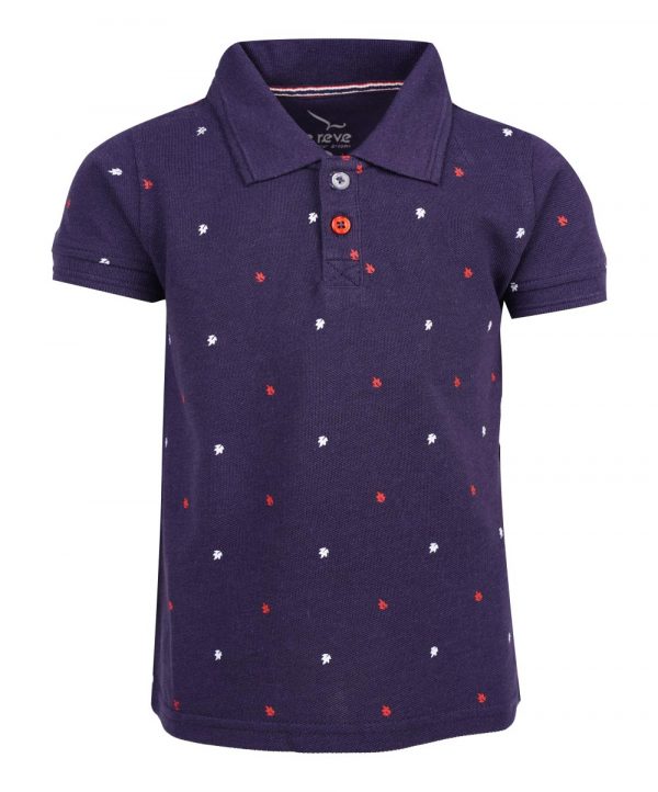 Blue all-over printed Polo in Cotton Pique fabric. Designed with a classic collar and short sleeves.