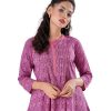 Pink all-over printed A-line Woven Top in Viscose fabric. Designed with a band neck and three-quarter sleeves. Embellished with pin tucks at the top front.