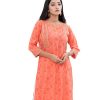 Orange all-over printed Straight-cut Kameez in Georgette fabric. Features a V-neck and three-quarter sleeves. Embellished with karchupi at the top front.