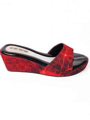 Red open-toe wedge heels with fabricated vamp.
