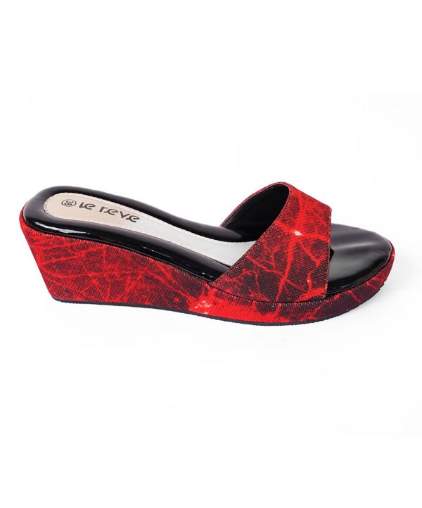 Red open-toe wedge heels with fabricated vamp.