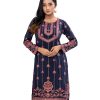 Navy blue all-over printed Straight-cut Kameez in Viscose fabric. Designed with a round neck and long sleeves. Embellished with karchupi at the front. Single button opening at the back.