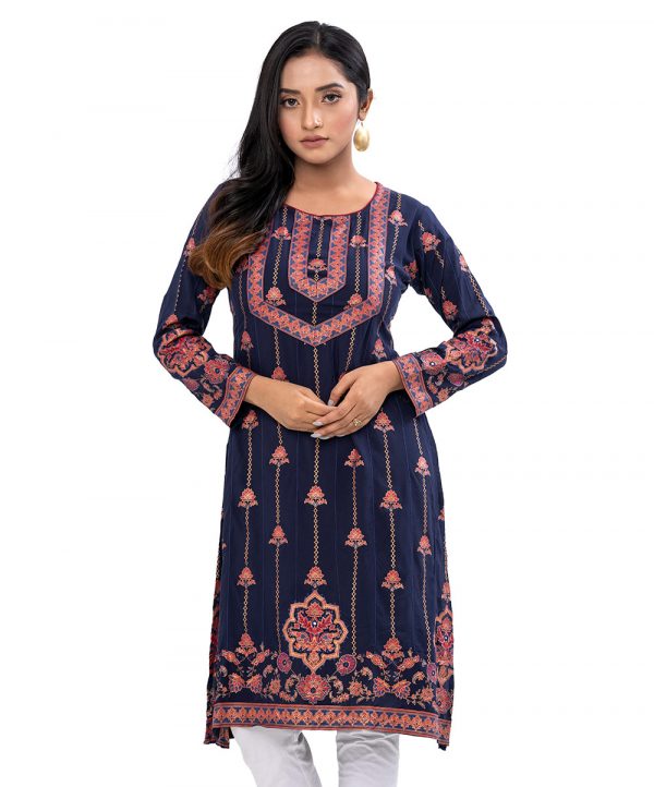 Navy blue all-over printed Straight-cut Kameez in Viscose fabric. Designed with a round neck and long sleeves. Embellished with karchupi at the front. Single button opening at the back.