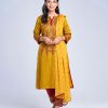 Mustard all-over printed Salwar Kameez in textured Silk-blend and crepe fabric. The Kameez is designed with a round neck and three-quarter sleeves. Embellished with embroidery and karchupi at the front cuffs. Viscose lining in full body. Complemented by crepe culottes pants with printed border and printed chiffon dupatta.