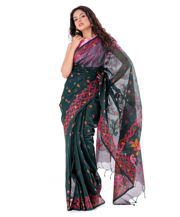 Green Saree in tant Cotton fabric. Designed with all-over multi-color thread work.