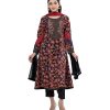 Printed georgette salwar kameez. Full sleeved, embroidery on top with lace work on bottom and sleeves. Tie-dye chiffon dupatta with pant-style pajamas.