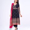 A-Line style Salwar Kameez in crepe fabric. Quarter sleeved, V-neckline, screen printed, karchupi embroidery with beads and mirror work. Half-silk dupatta with pant-style pajamas.