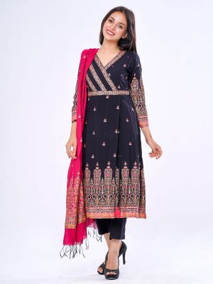 A-Line style Salwar Kameez in crepe fabric. Quarter sleeved, V-neckline, screen printed, karchupi embroidery with beads and mirror work. Half-silk dupatta with pant-style pajamas.