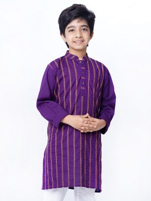 Purple Panjabi in Jacquard Cotton fabric. Matching metal button opening on the chest. Amazing thread work at the front, cuffs and collar-placket.