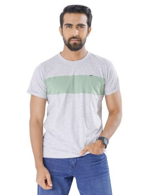 Gray T-Shirt in Cotton single jersey fabric. Designed with a crew neck and short sleeves. contrast green cut and sew detailed at the front.