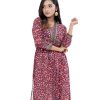 Red straight-cut Kameez in printed Georgette fabric. Designed with a kaftan neck and three-quarter sleeves. Printed patch attachment at the top front and cuffs. Pleats detailing at the front.