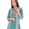 Green all-over printed shrug style Tunic in Georgette fabric. Designed with a round neck and three-quarter sleeves. Embellished with embroidery and pin tucks at the front. Elongated hemline. Unlined.