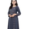 Navy Blue all-over printed straight-cut Kameez in Georgette fabric. Features a round neck and three-quarter sleeves. Embellished with karchupi at the front. Lace attachment at the cuffs and hemline. Single button opening at the back.