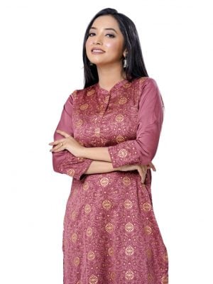 Onion pink all-over printed straight-cut Kameez in Crepe fabric. Features a band neck with hook closure at the front and three-quarter sleeves with printed cuffs. Unlined.