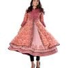Pink all-over printed Gown in Muslin and Georgette fabric. Designed with a round neck and three-quarter sleeves. Embellished with embroidery and patch attachment at the front and cuffs.