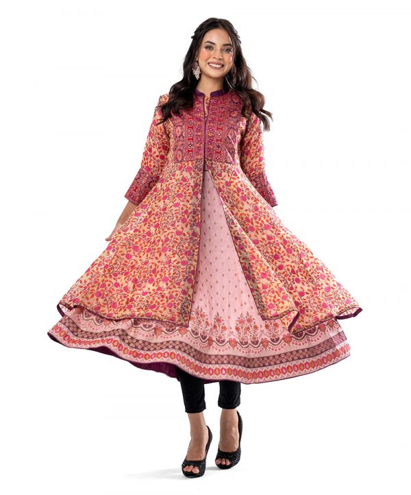 Pink all-over printed Gown in Muslin and Georgette fabric. Designed with a round neck and three-quarter sleeves. Embellished with embroidery and patch attachment at the front and cuffs.