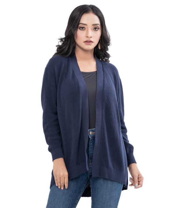 Navy Blue Cardigan in Cotton knit fabric. Long sleeves and ribbing at cuffs, hem, and neckline. No buttons.
