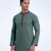 Green semi-fitted Panjabi in Jacquard Cotton fabric. Designed with a contrast maroon collar and hidden button placket.