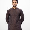 Blue semi-fitted Panjabi in Jacquard Cotton fabric. Designed with a mandarin collar and matching metal buttons on the placket. Embellished with karchupi at the front.