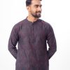 Black semi-fitted Panjabi in Jacquard Cotton fabric. Designed with a mandarin collar and matching metal button on the placket.
