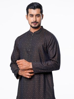 Black fitted Panjabi in Jacquard Cotton fabric. Matching metal button opening on the chest