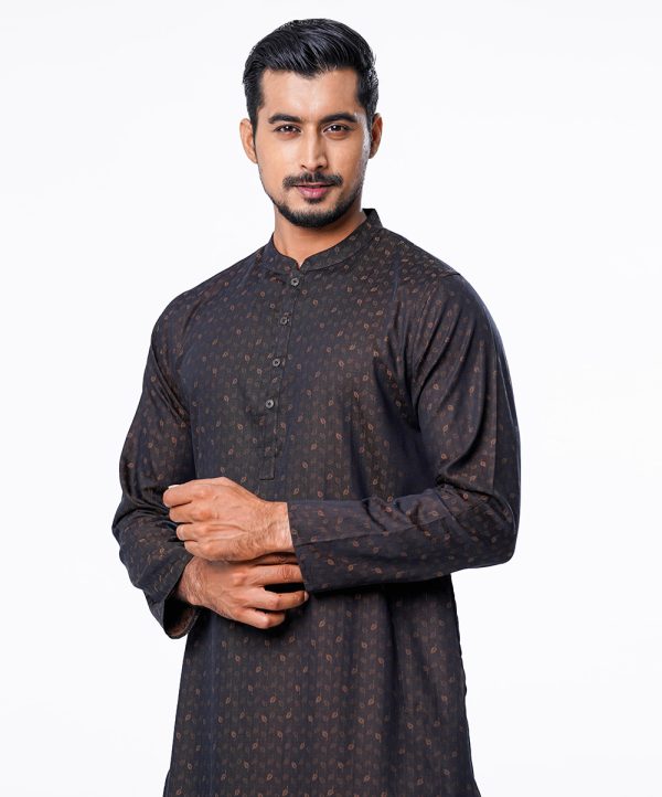 Black fitted Panjabi in Jacquard Cotton fabric. Matching metal button opening on the chest
