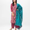 Onion Pink and Teal green all-over printed Salwar Kameez in Crepe fabric. The Kameez is designed with a round neck and three-quarter sleeves. Embellished with karchupi at the top front. Single button opening at the back. Complemented by palazzo pants and a half-silk dupatta with printed borders.