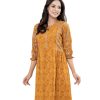 Mustard Yellow all-over printed A-line Tunic in Viscose fabric. Features a band neck with hook closure at the front and cinched bishop sleeves. Embellished with embroidery and pin tucks at the top front. Gathers from the waistline. Swing stitches and patch attachment at the hemline.