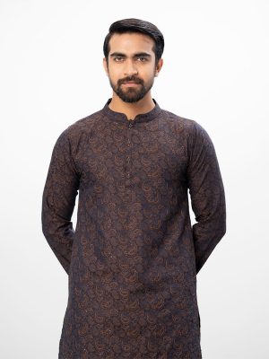 Blue fitted Panjabi in Jacquard Cotton fabric. Designed with a mandarin collar and matching metal buttons on the placket. Embellished with karchupi at the front.