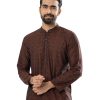 Brown fitted Panjabi in Jacquard Cotton fabric. Designed with a mandarin collar and matching metal buttons on the placket.