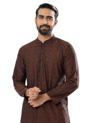 Brown fitted Panjabi in Jacquard Cotton fabric. Designed with a mandarin collar and matching metal buttons on the placket.
