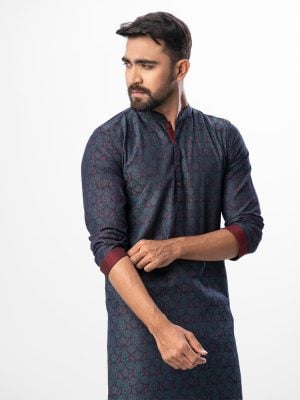 Blue semi-fitted Panjabi in jacquard Cotton fabric. Designed with a mandarin collar and matching metal buttons on the placket.