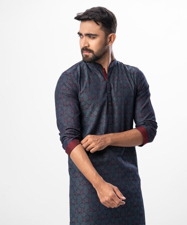Blue semi-fitted Panjabi in jacquard Cotton fabric. Designed with a mandarin collar and matching metal buttons on the placket.