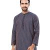 Blue fitted Panjabi in Jacquard Cotton fabric. Designed with a mandarin collar and matching metal buttons on the placket.