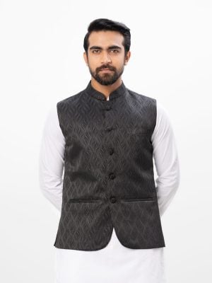 Black Waistcoat in premium jacquard brocade fabric. Features a mandarin collar with front button fastening. Taffeta lining in full body.