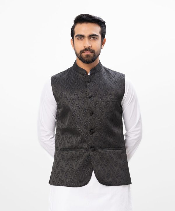 Black Waistcoat in premium jacquard brocade fabric. Features a mandarin collar with front button fastening. Taffeta lining in full body.