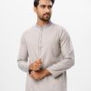 Gray semi-fitted Panjabi in Cotton-blend fabric. Designed with embroidery on the collar and button placket.