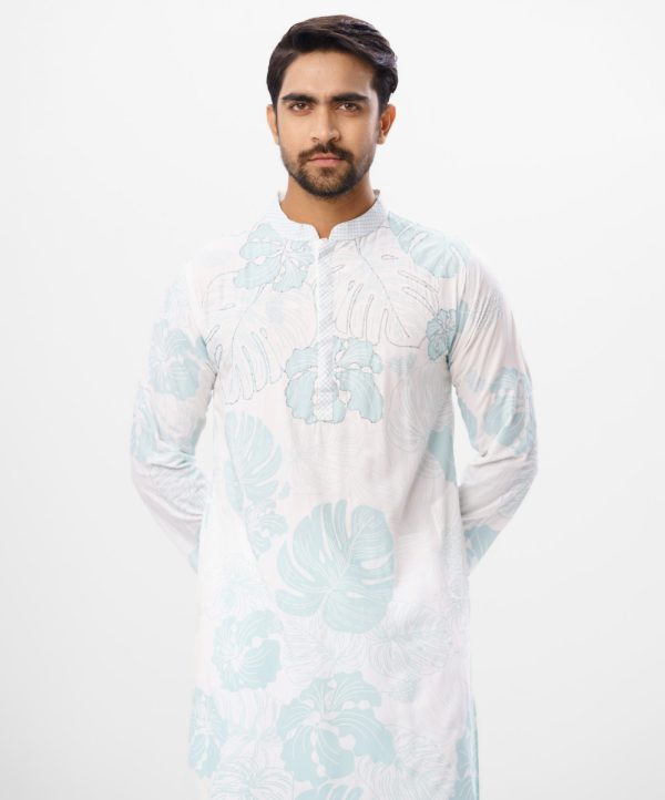 White all-over printed fitted Panjabi in Viscose fabric. Designed with a mandarin collar and hidden button placket. Embellished with karchupi on the chest.